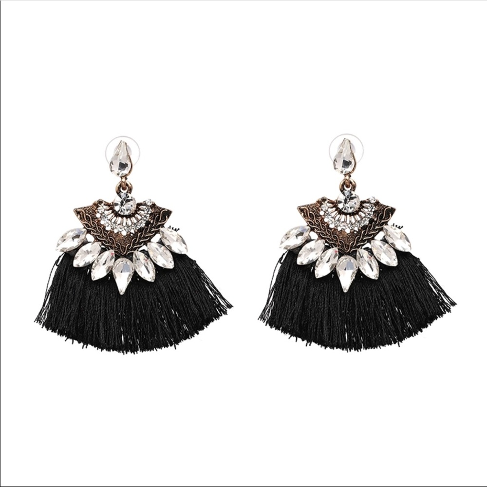 Bohemian Fan Shaped Tassel Rhinestone Earrings - Picture 2 of 3